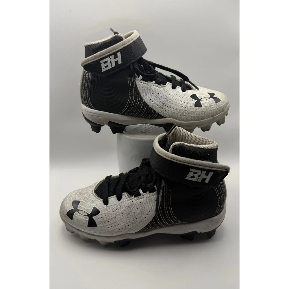 Under Armour Harper 4 Mid RM Youth 13K White Black Baseball Cleats 3022062-001